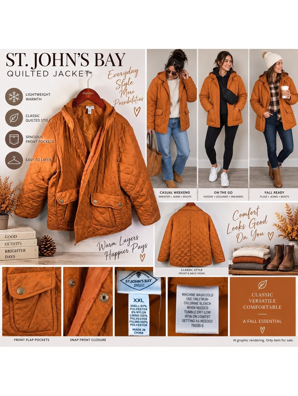 St. John's Bay XXL Orange Quilted Barn Jacket Snap Pockets